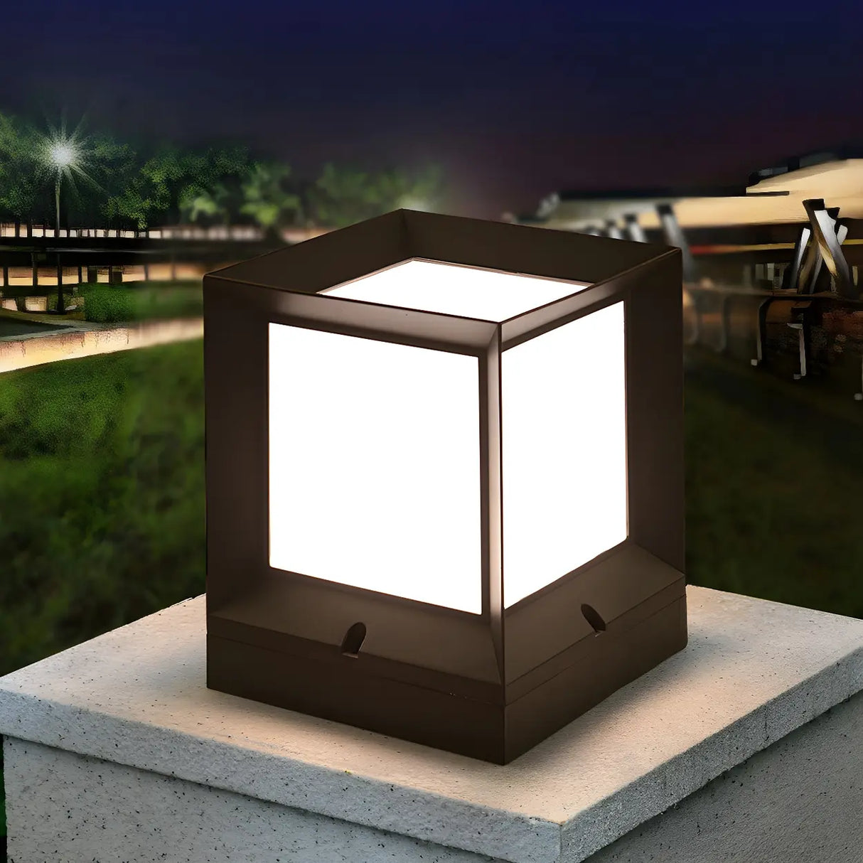 Black Simple Cube Metal LED Outdoor Lawn Pillar Light Image - 1