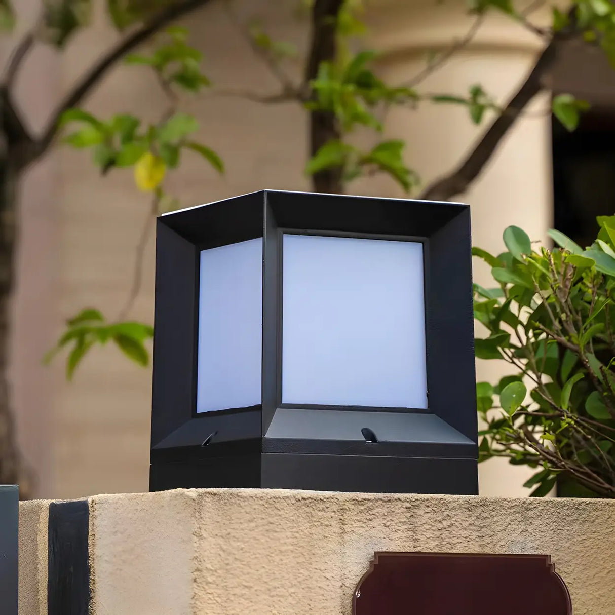 Black Simple Cube Metal LED Outdoor Lawn Pillar Light Image - 3