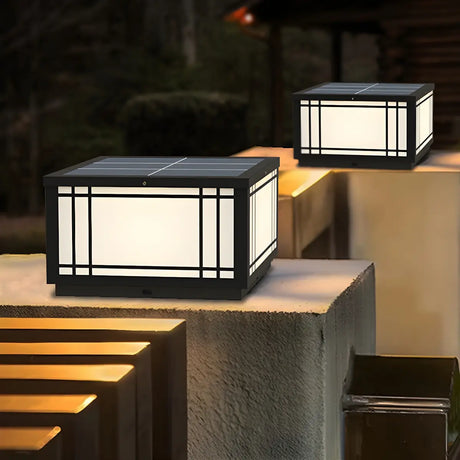 Black Simple Metal Cube Solar Outdoor Post Caps Light Image - 1