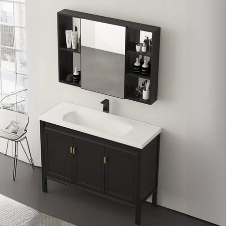 Black Single Sink Wood Shelves Freestanding Bathroom Vanity Image - 1