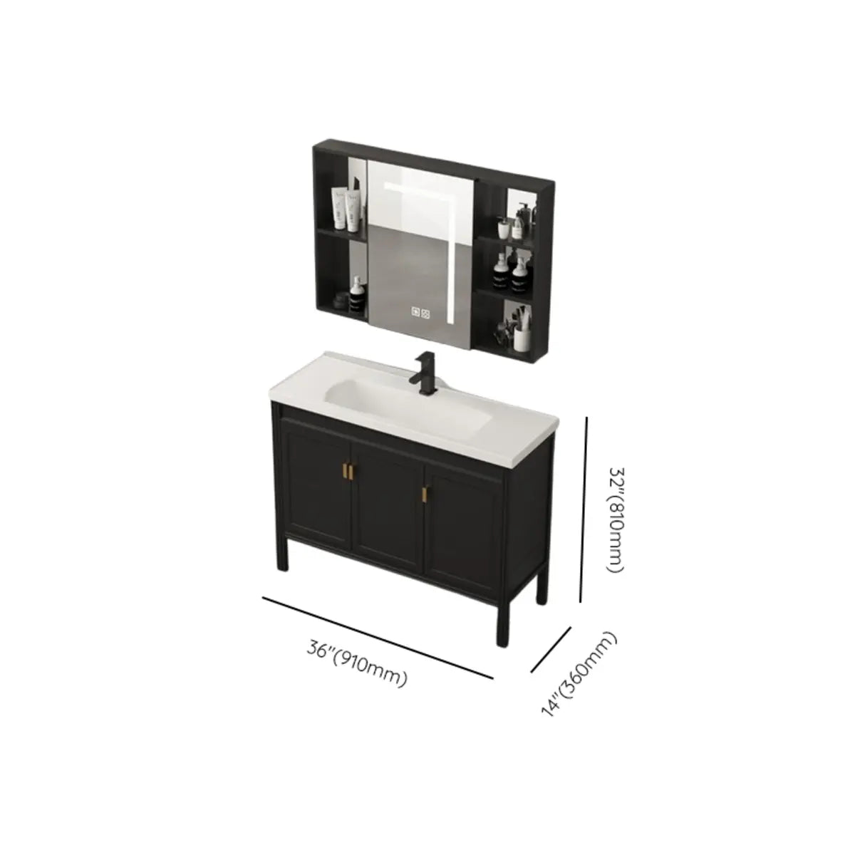 Black Single Sink Wood Shelves Freestanding Bathroom Vanity Image - 17