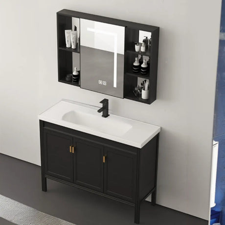 Black Single Sink Wood Shelves Freestanding Bathroom Vanity Image - 2