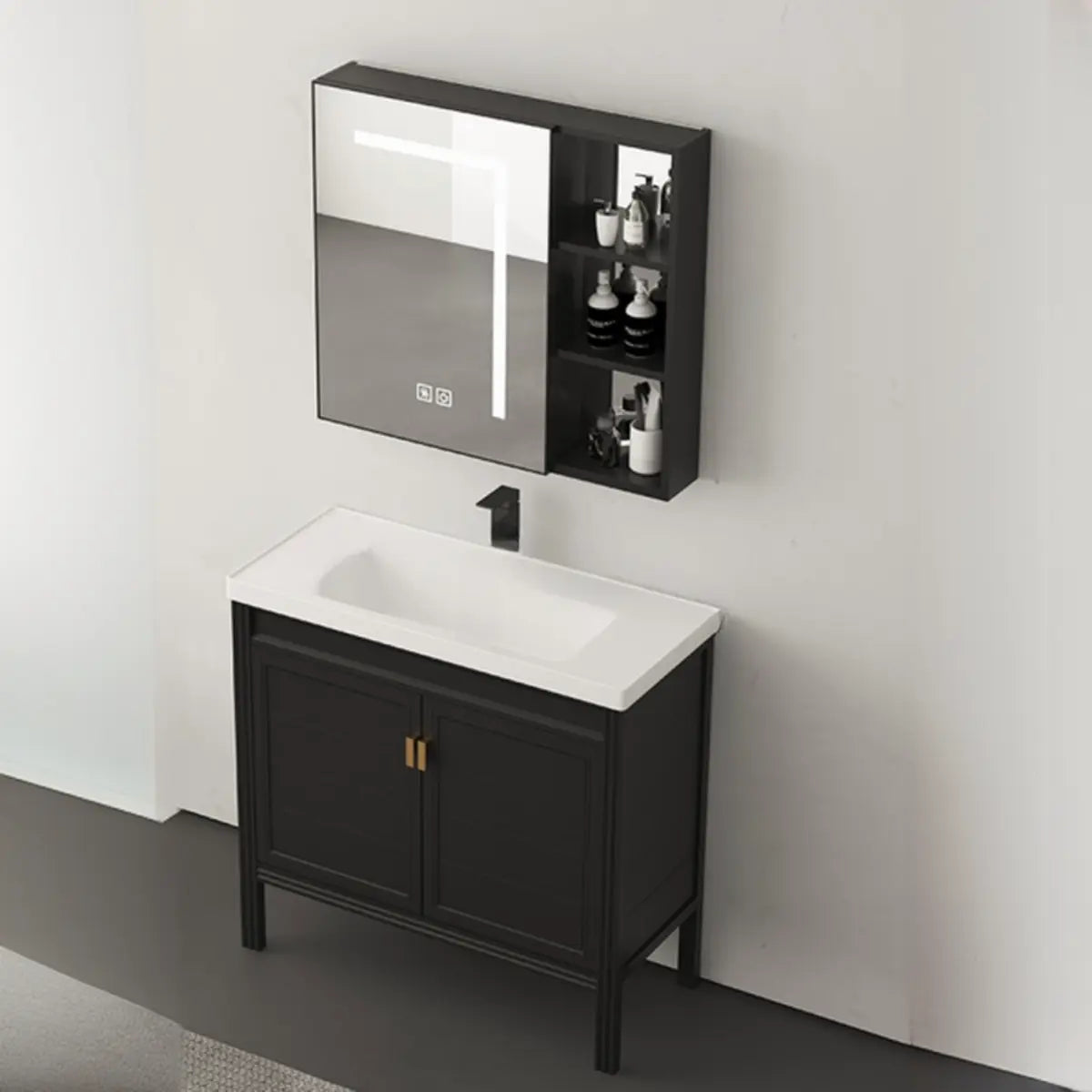 Black Single Sink Wood Shelves Freestanding Bathroom Vanity Image - 4