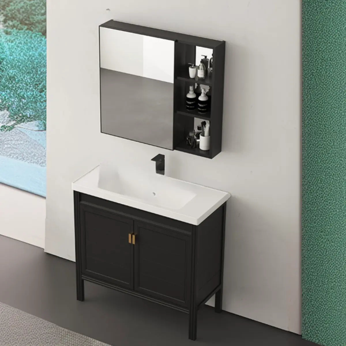 Black Single Sink Wood Shelves Freestanding Bathroom Vanity Image - 7