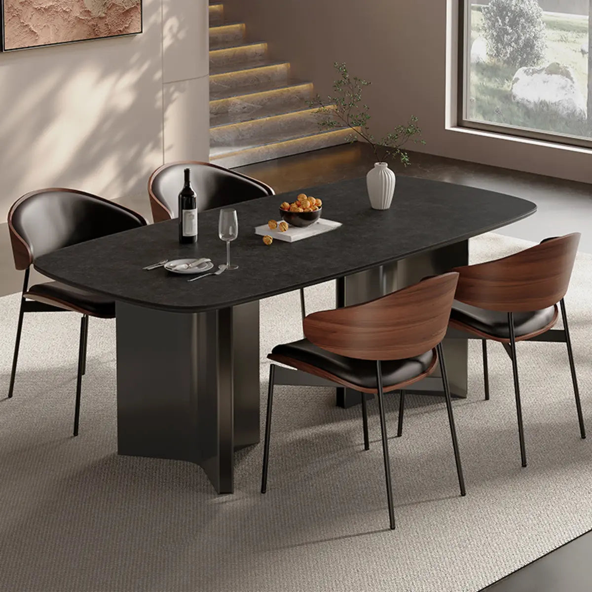 Black Sintered Stone Dining Table with 4 Leather Chairs Image - 1