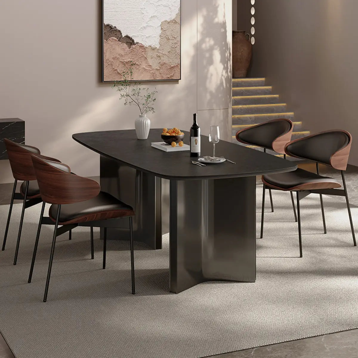 Black Sintered Stone Dining Table with 4 Leather Chairs Image - 2