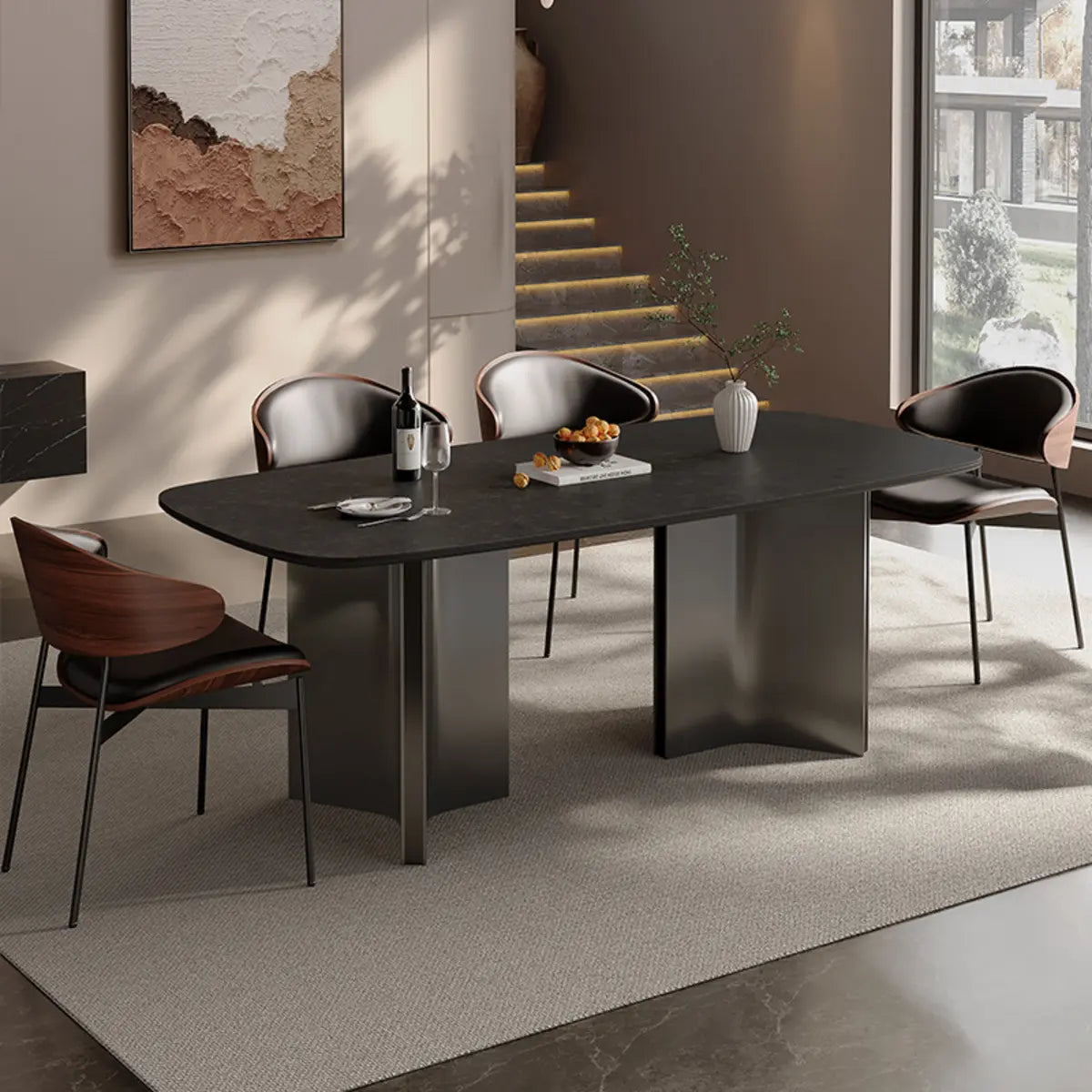 Black Sintered Stone Dining Table with 4 Leather Chairs Image - 3