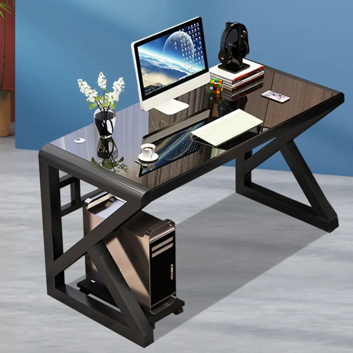 Black Sled Rectangle Glass Storage Single Computer Desk Image - 1