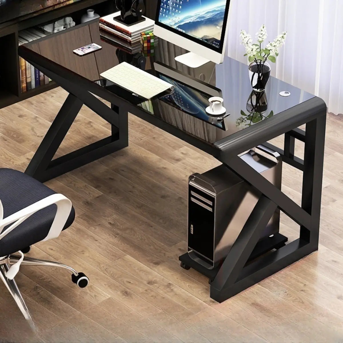 Black Sled Rectangle Glass Storage Single Computer Desk Image - 2