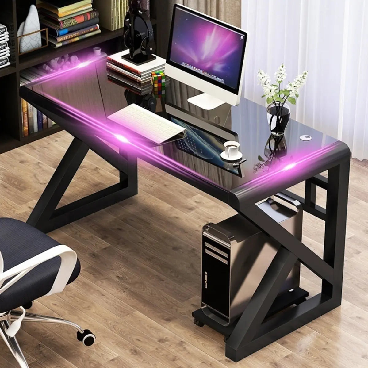 Black Sled Rectangle Glass Storage Single Computer Desk Image - 4