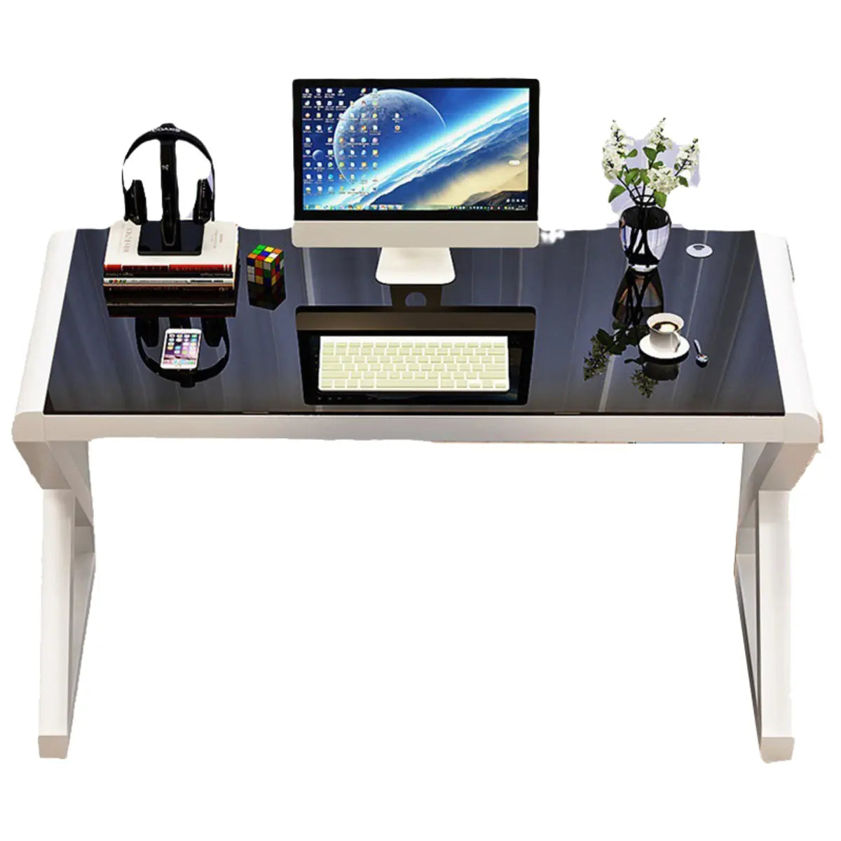 Black Sled Rectangle Glass Storage Single Computer Desk Image - 6