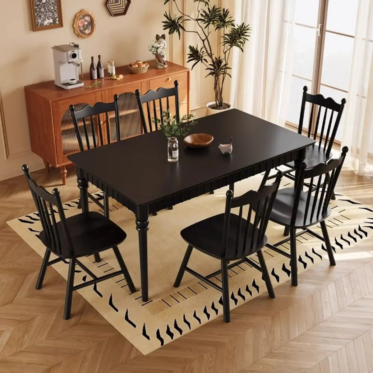 Black Solid Wood Dining Table with 4 Slat Back Chairs Image - 1