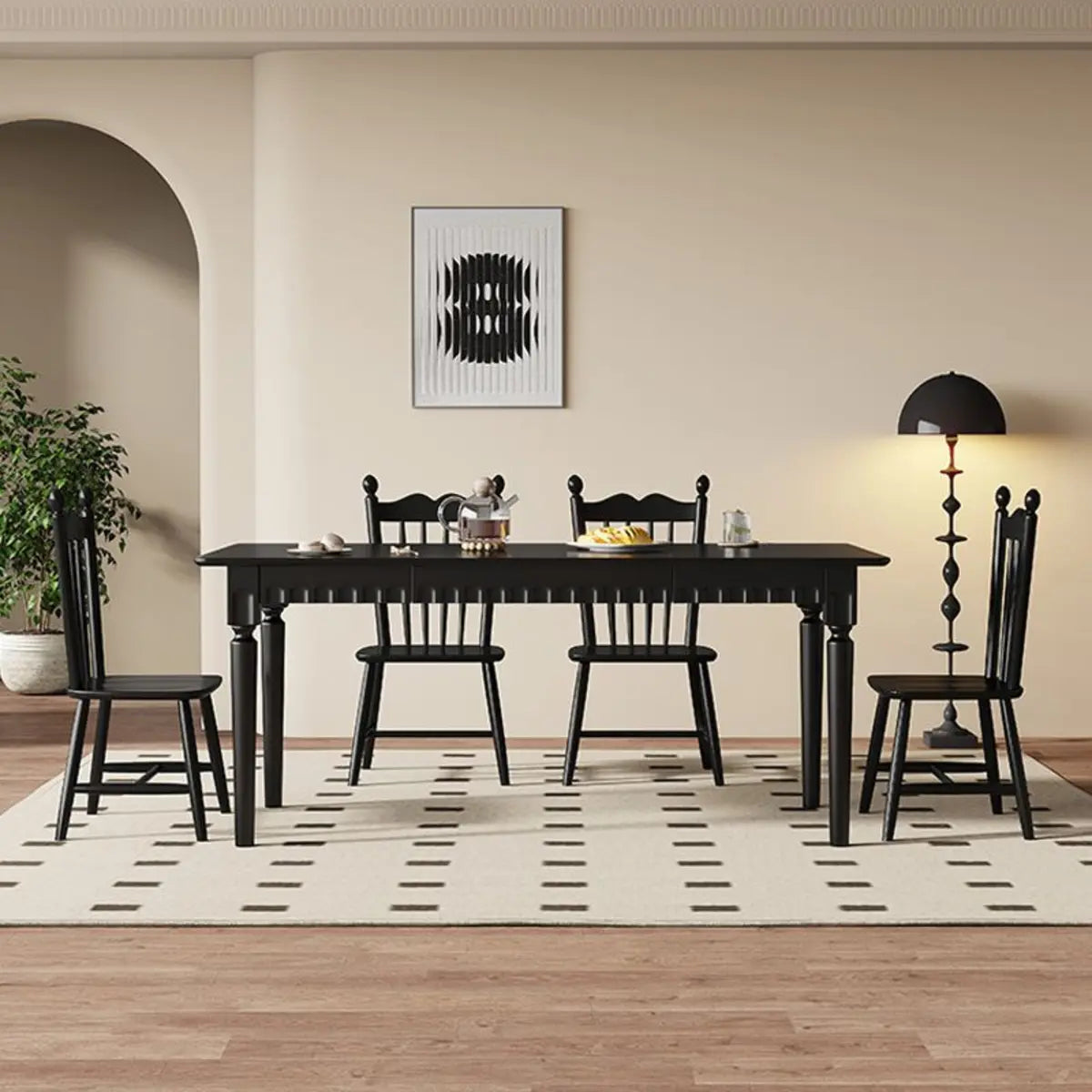 Black Solid Wood Dining Table with 4 Slat Back Chairs Image - 2