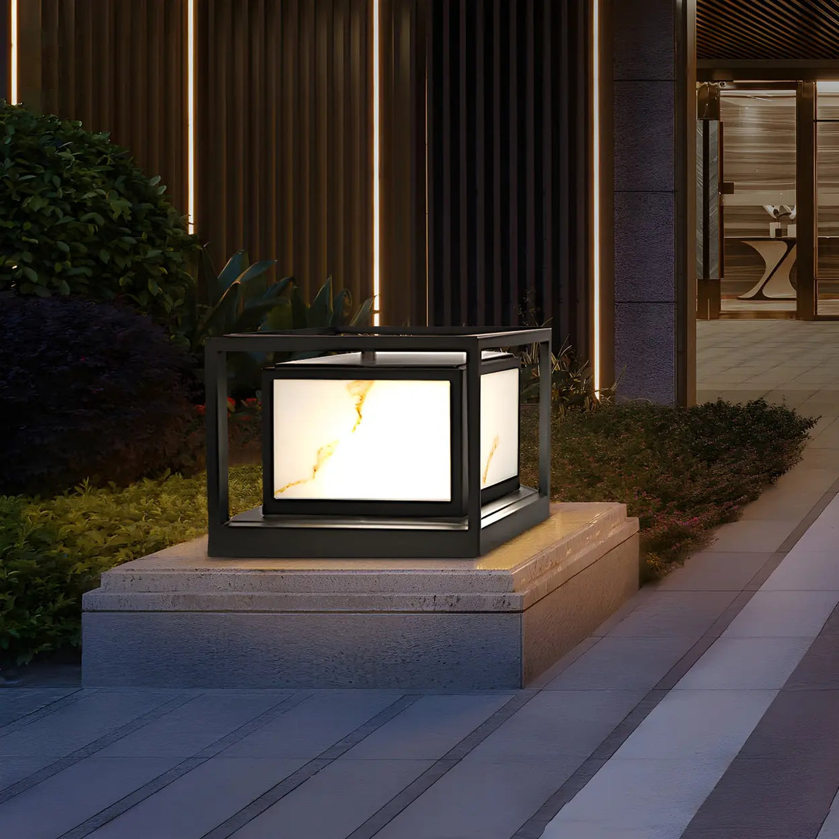 Black Square Metal Frame Outdoor Garden Table Lamp Image - 1