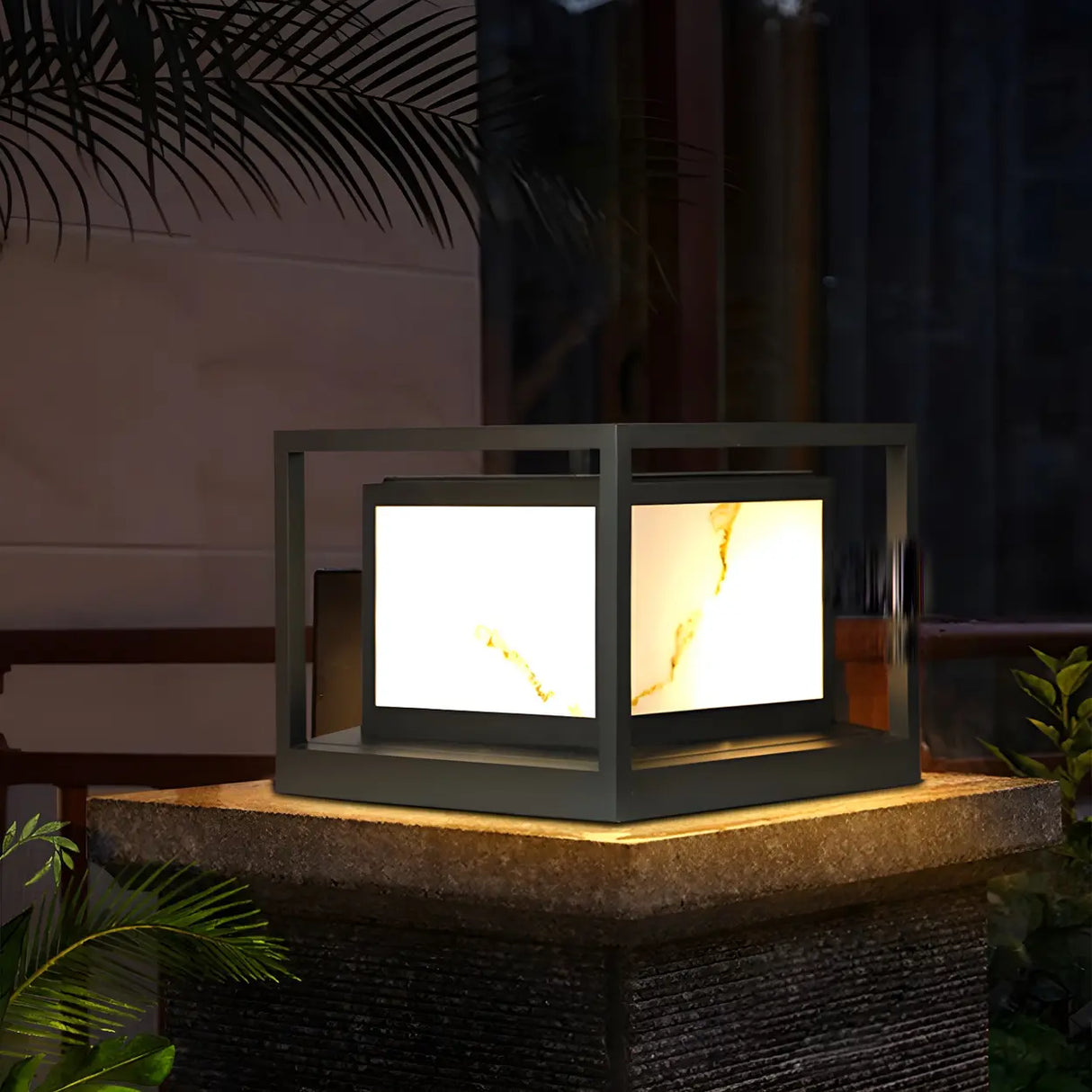 Black Square Metal Frame Outdoor Garden Table Lamp Image - 2