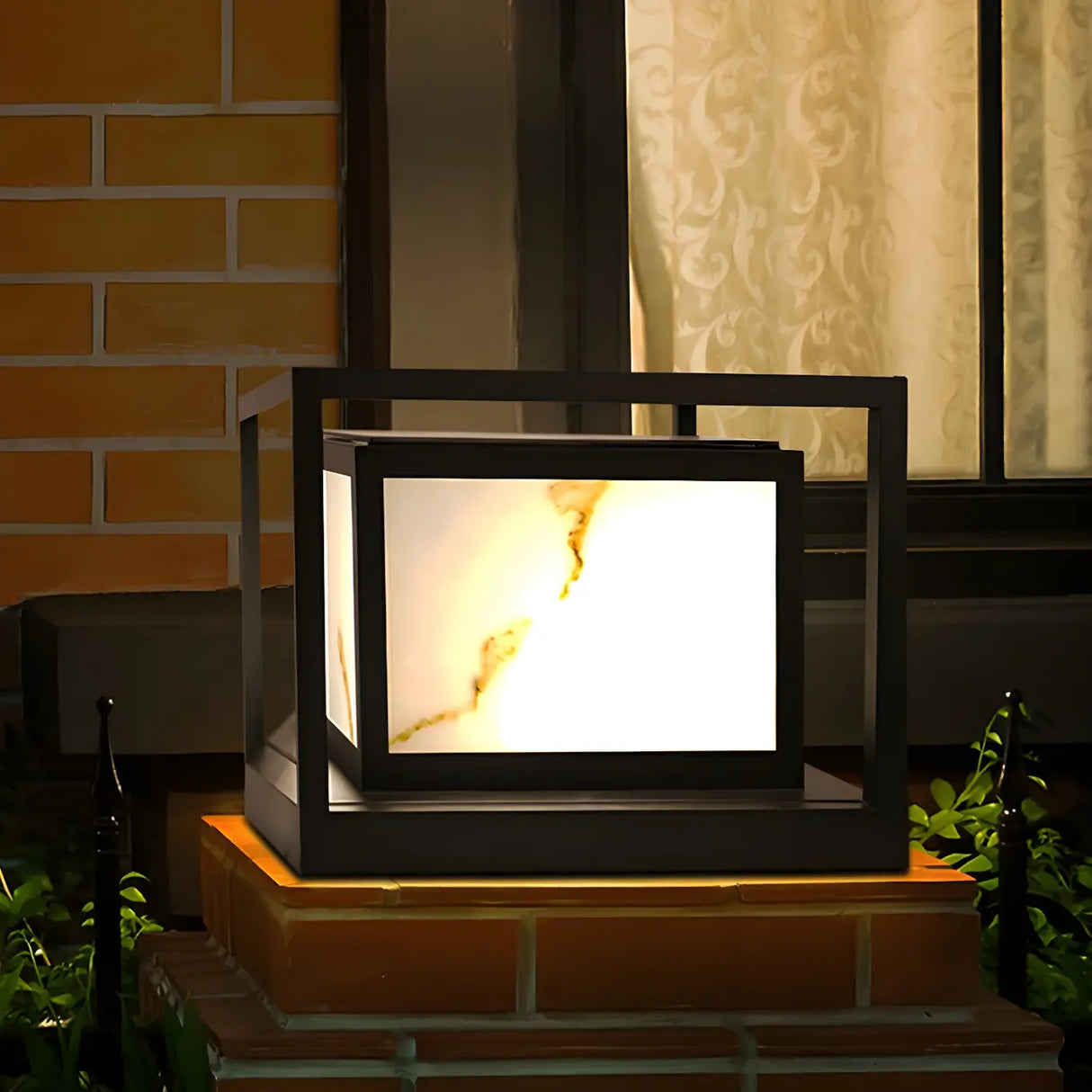 Black Square Metal Frame Outdoor Garden Table Lamp Image - 4