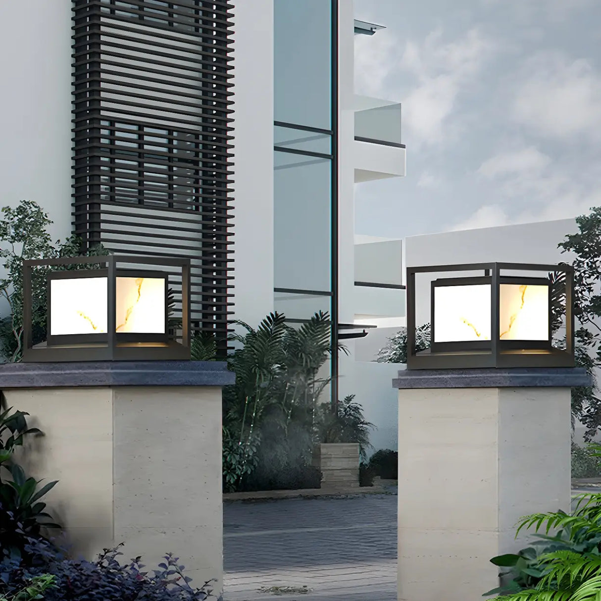 Black Square Metal Frame Outdoor Garden Table Lamp Image - 9