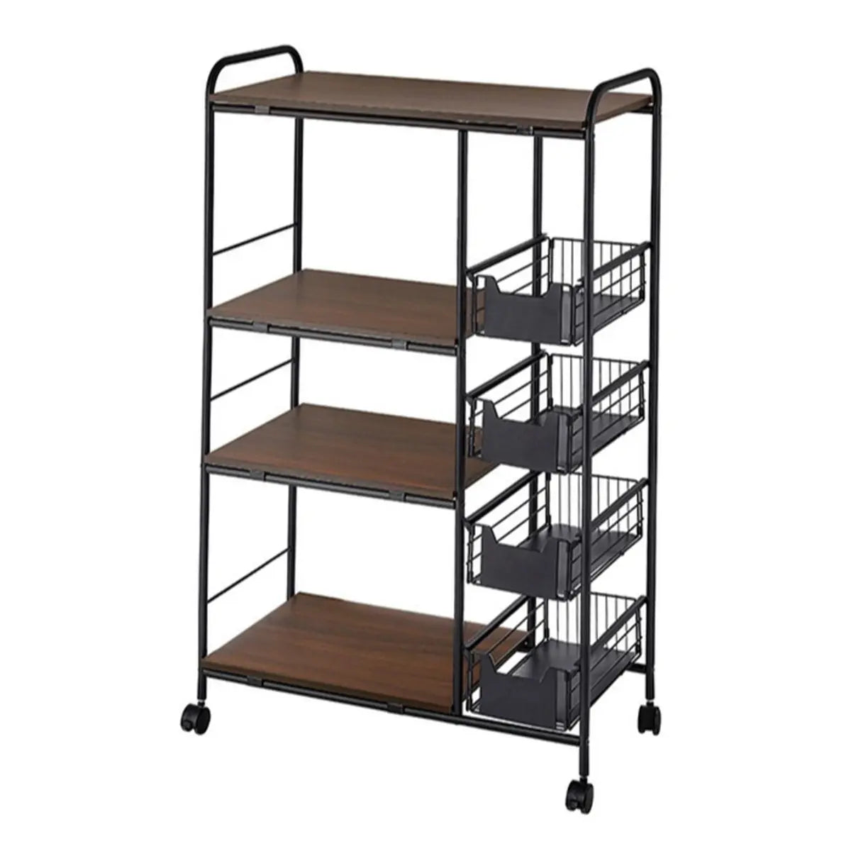 Black Steel Baker's Rack with Wood Shelf and Basket Image - 3