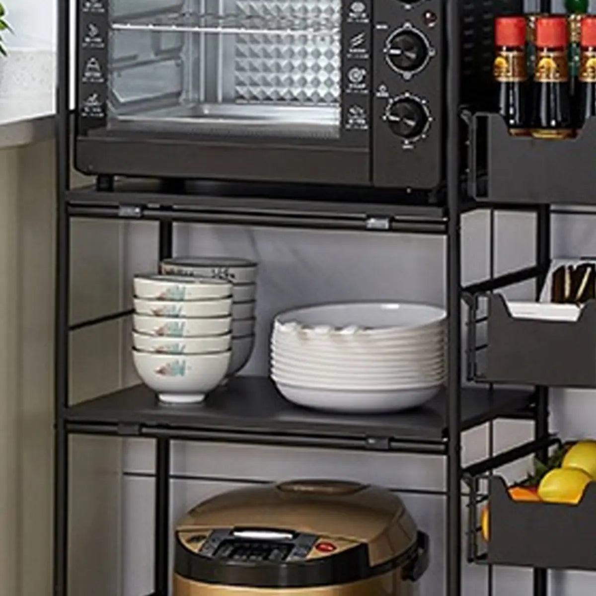 Black Steel Baker's Rack with Wood Shelf and Basket Image - 6