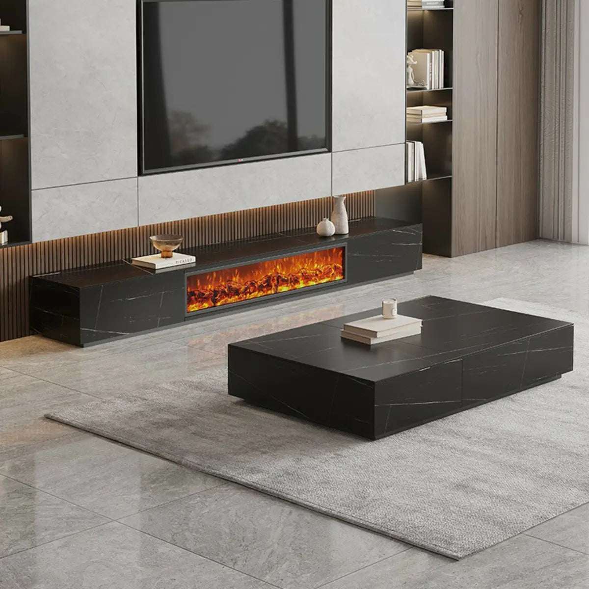 Black Stone Drawers Rectangle Long TV Stand Fireplace Image - 1