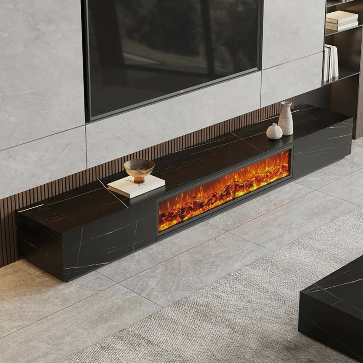 Black Stone Drawers Rectangle Long TV Stand Fireplace Image - 2