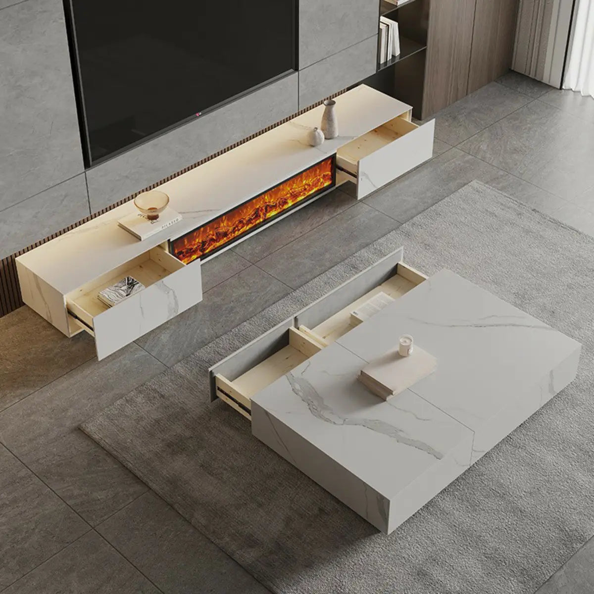 Black Stone Drawers Rectangle Long TV Stand Fireplace Image - 4