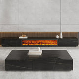 Black Stone Drawers Rectangle Long TV Stand Fireplace Image - 6