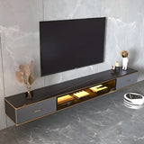 Black Stone Floating Mount Drawers Shelves TV Stand Image - 1