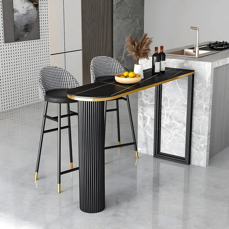 Black Stone Oval Metal Tall Bar Table for Island Dining Image - 1