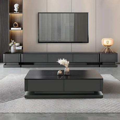 Black Stone Rectangle Enclosed Storage Drawers TV Stand Image - 1