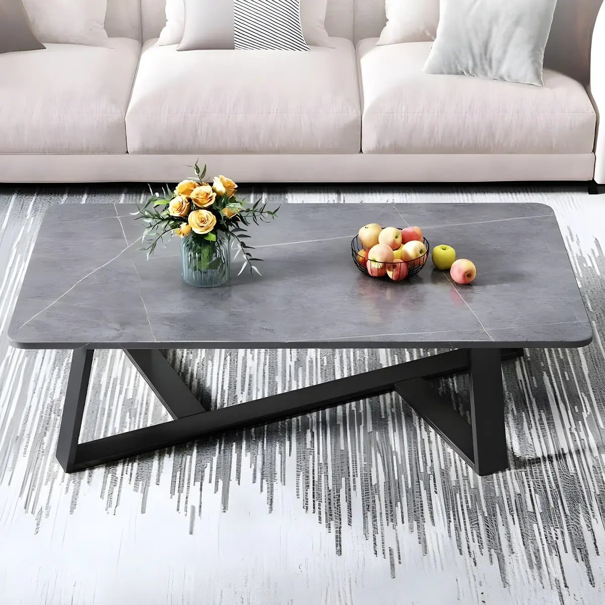 Black Stone Rectangle Steel Cross Legs Coffee Table Image - 1