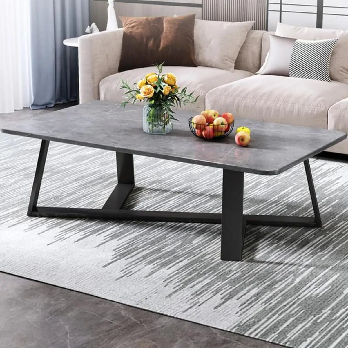 Black Stone Rectangle Steel Cross Legs Coffee Table Image - 4