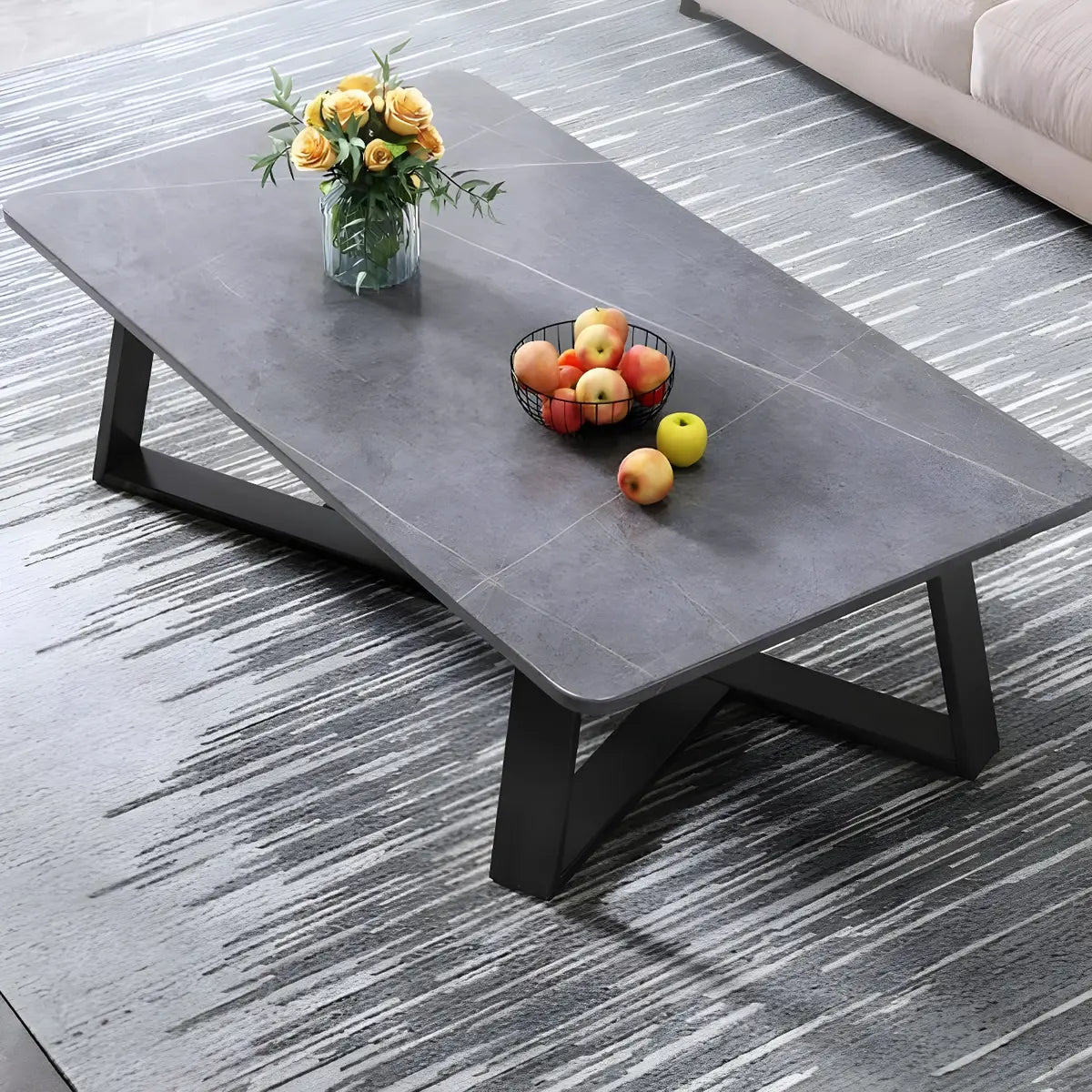 Black Stone Rectangle Steel Cross Legs Coffee Table Image - 5