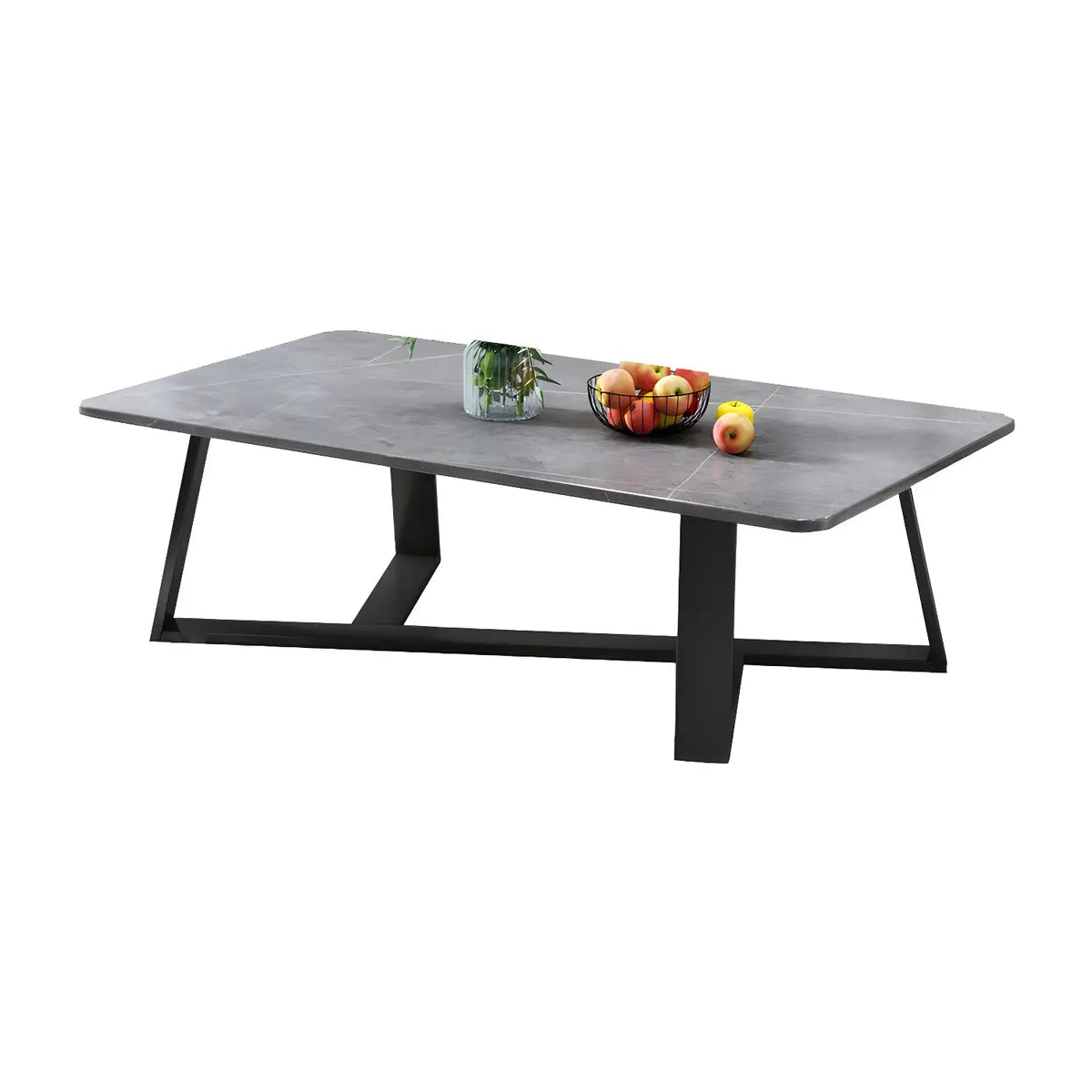 Black Stone Rectangle Steel Cross Legs Coffee Table Image - 7