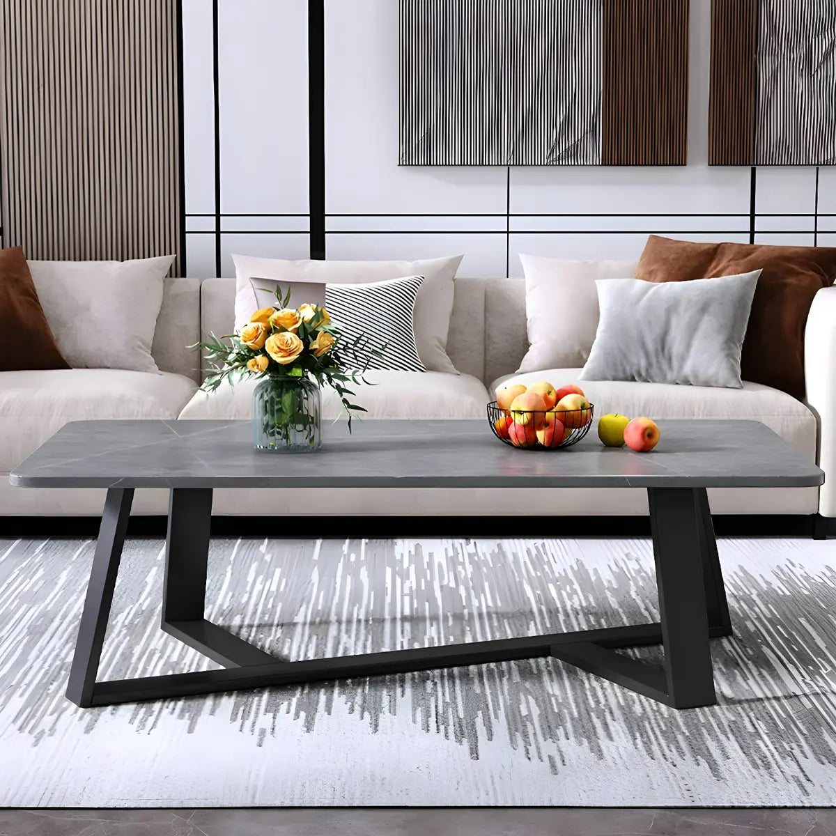 Black Stone Rectangle Steel Cross Legs Coffee Table Image - 9