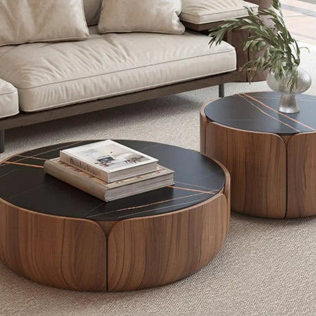 Black Stone Round Brown Wood Base Storage Coffee Table Image - 1