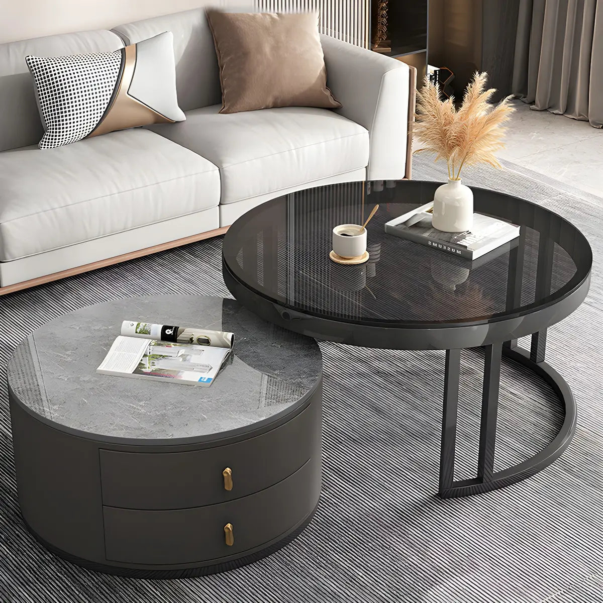 Black Stone Round Coffee Nesting Table with Storage Image - 1