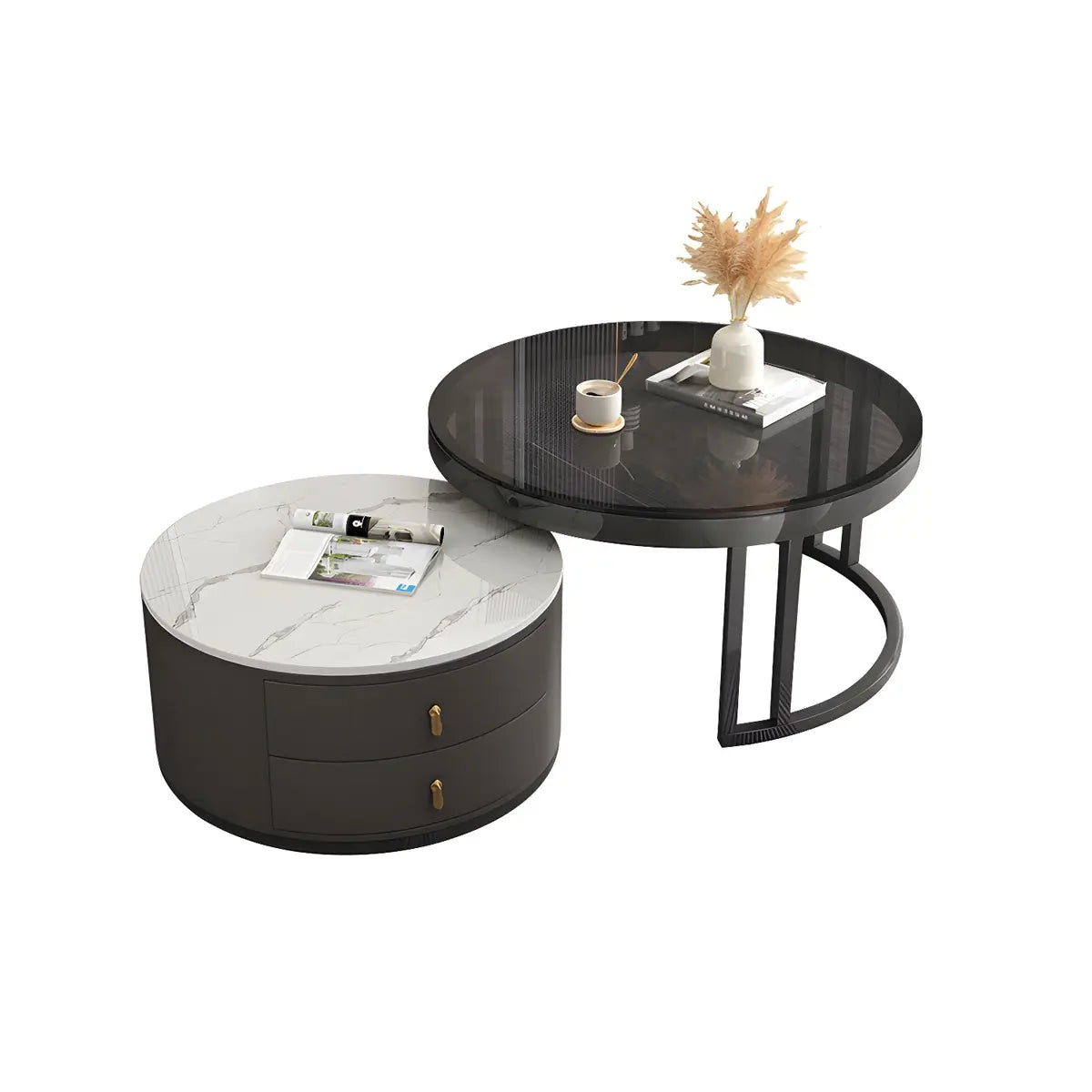 Black Stone Round Coffee Nesting Table with Storage Image - 10