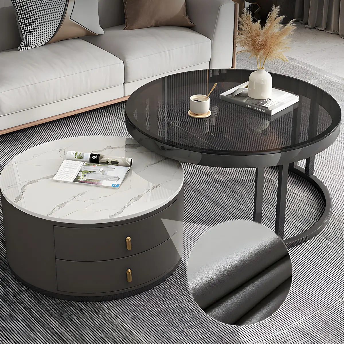 Black Stone Round Coffee Nesting Table with Storage Image - 11