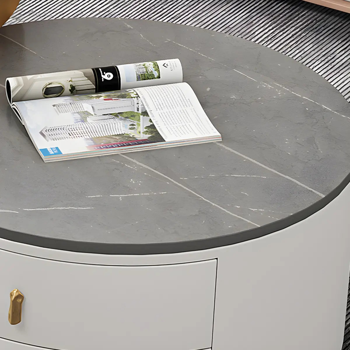 Black Stone Round Coffee Nesting Table with Storage Image - 14