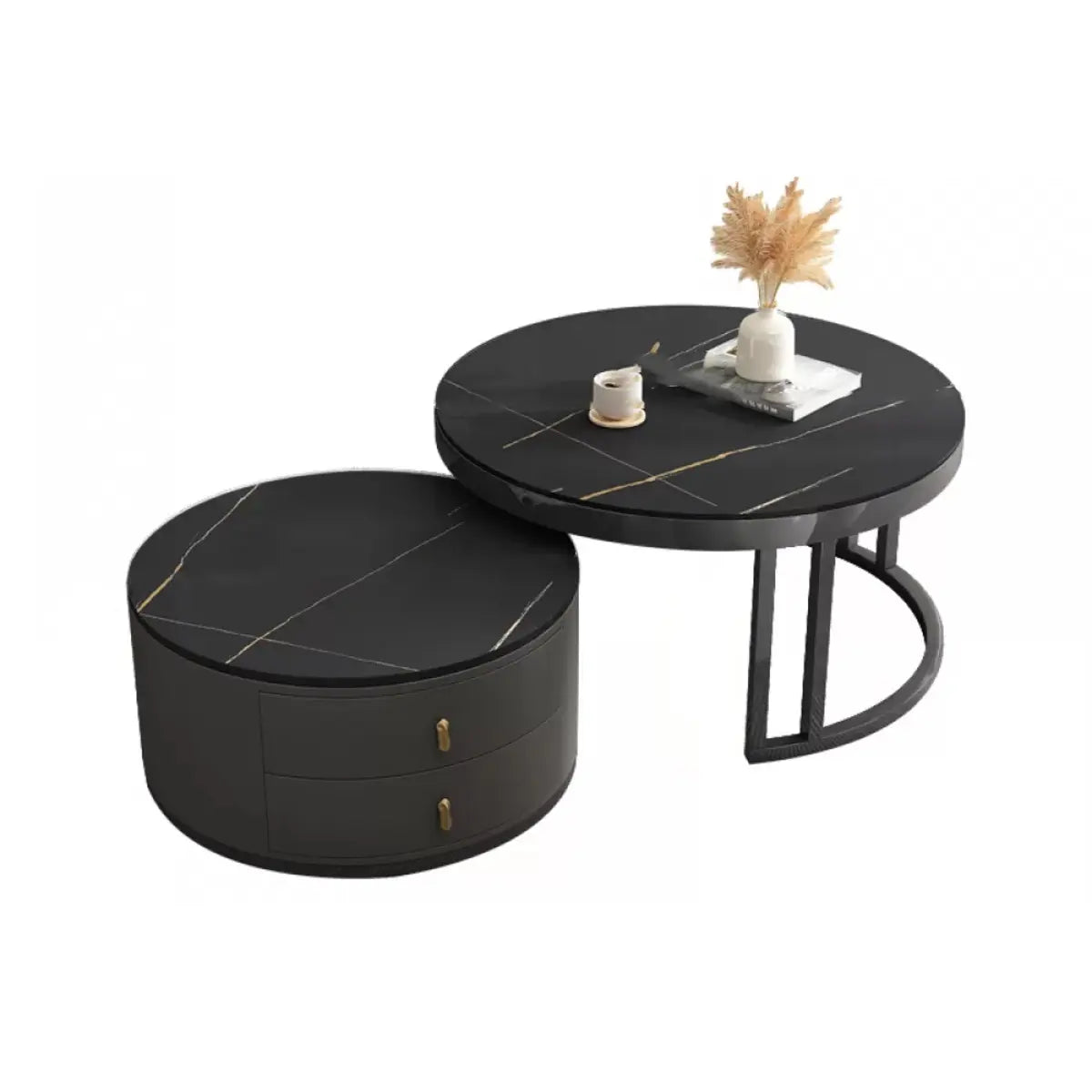 Black Stone Round Coffee Nesting Table with Storage Image - 17