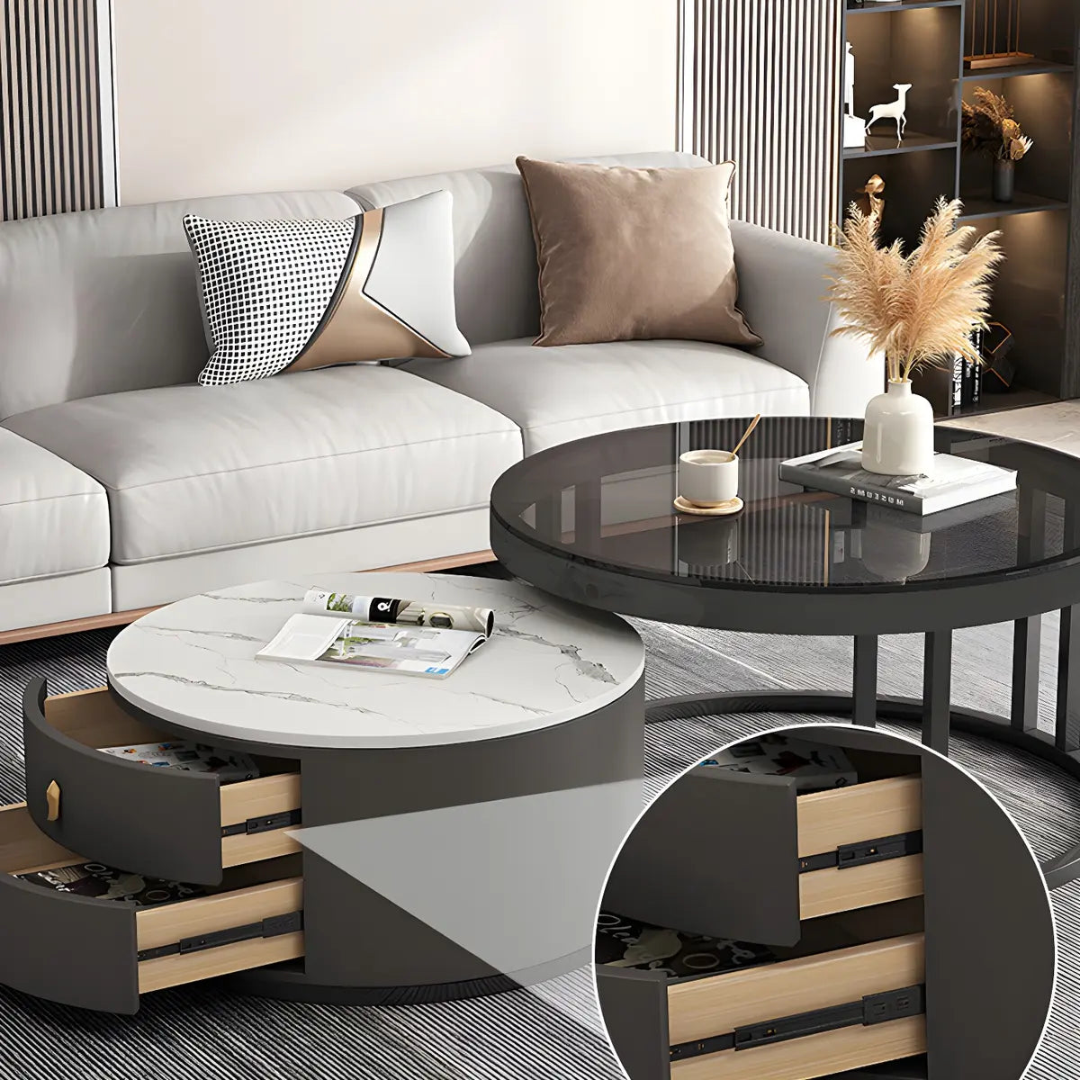 Black Stone Round Coffee Nesting Table with Storage Image - 18