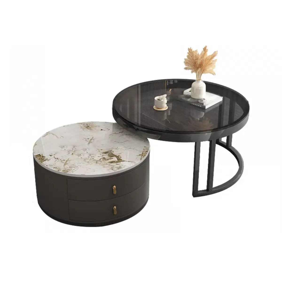 Black Stone Round Coffee Nesting Table with Storage Image - 19