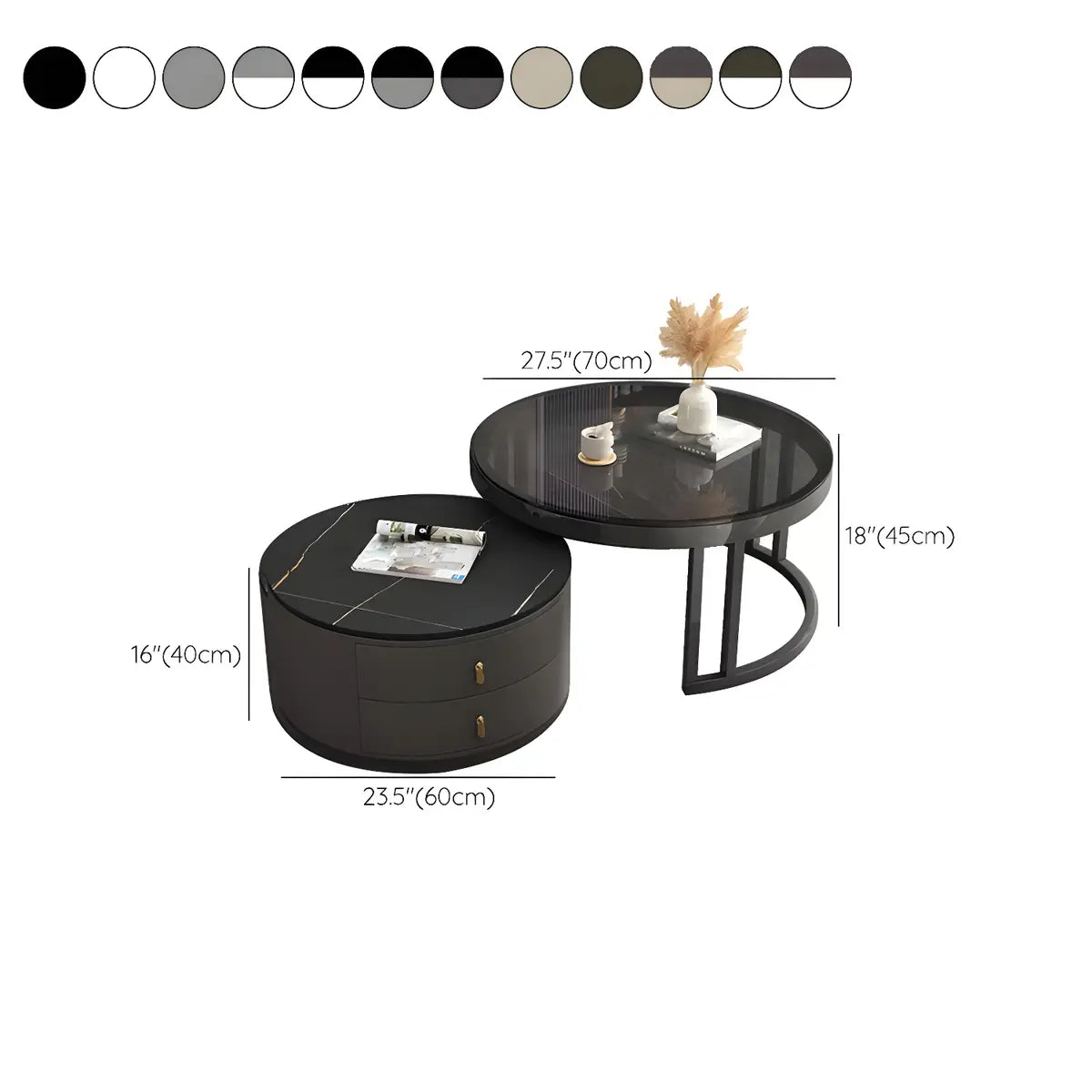 Black Stone Round Coffee Nesting Table with Storage 