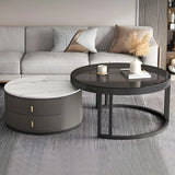 Black Stone Round Coffee Nesting Table with Storage Image - 3