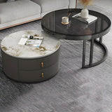 Black Stone Round Coffee Nesting Table with Storage Image - 5