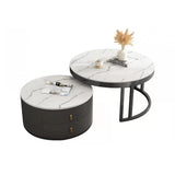 Black Stone Round Coffee Nesting Table with Storage Image - 6