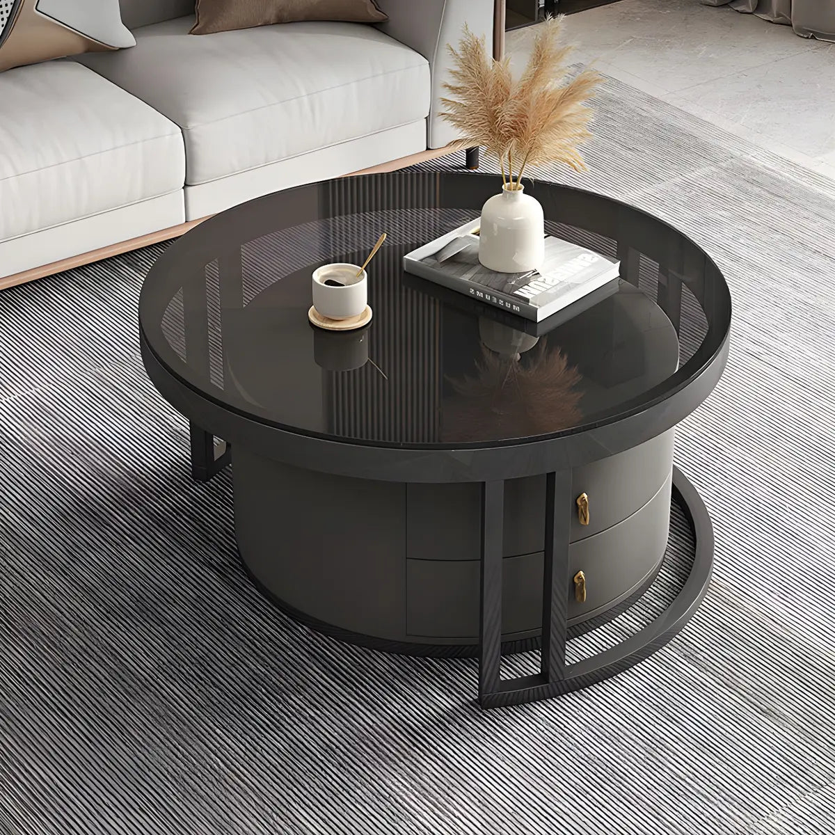 Black Stone Round Coffee Nesting Table with Storage Image - 7