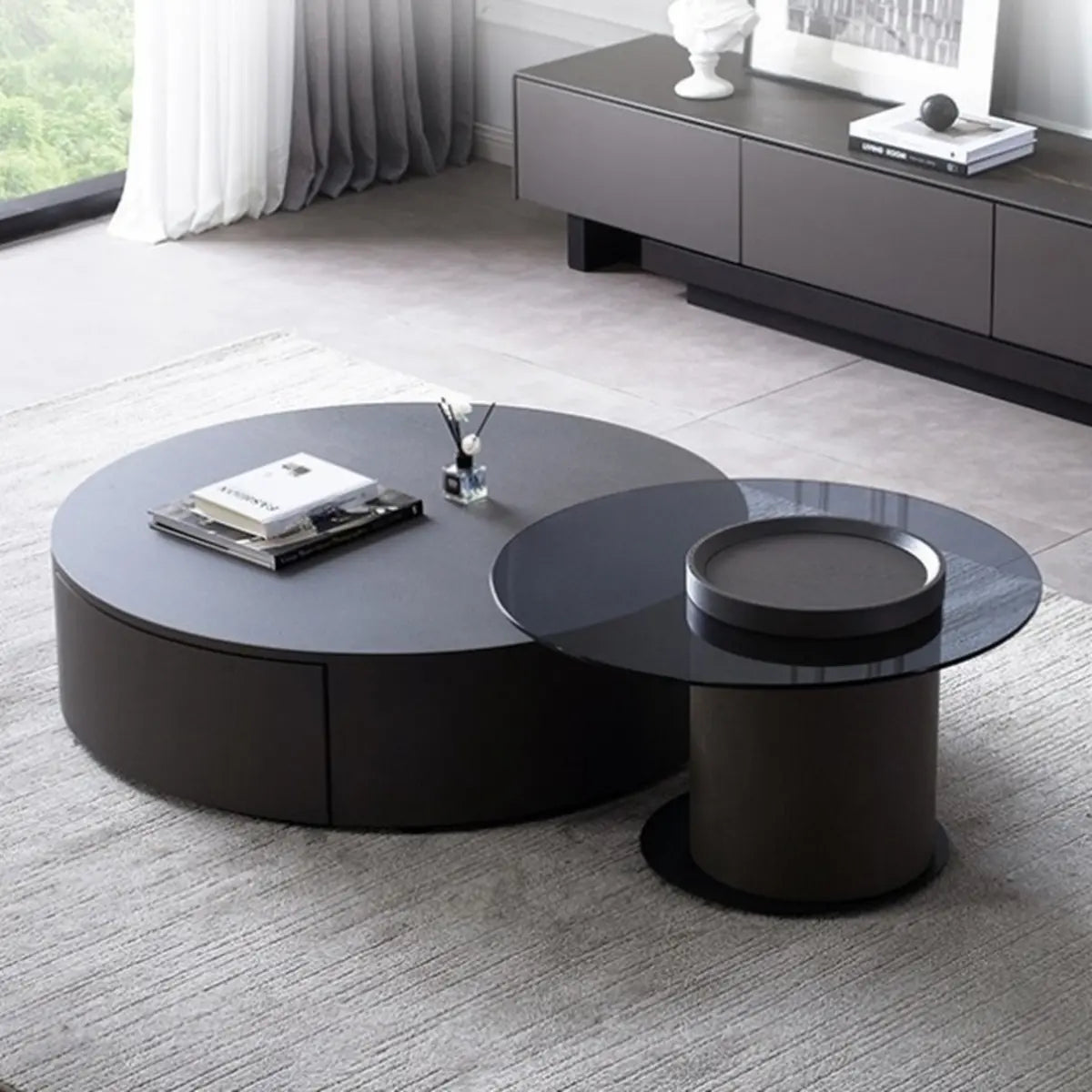 Black Stone Round Storage Drawers Nesting Coffee Table Image - 1