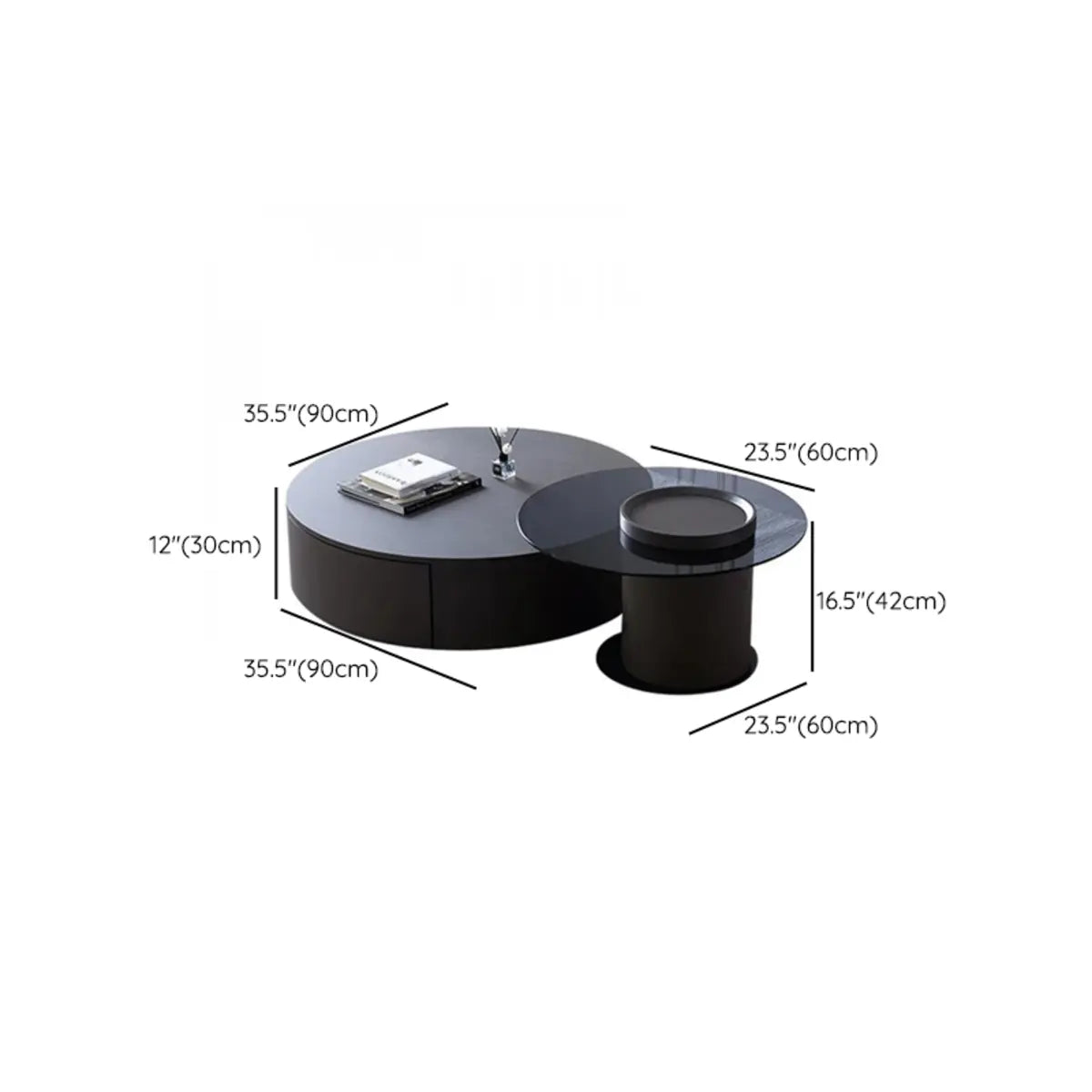 Black Stone Round Storage Drawers Nesting Coffee Table 